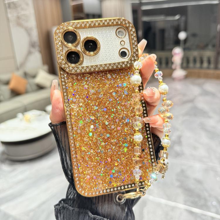 For iPhone 17 Pro Max Diamond Glitter Sequins TPU Phone Case with Bracelet Chain(Gold)