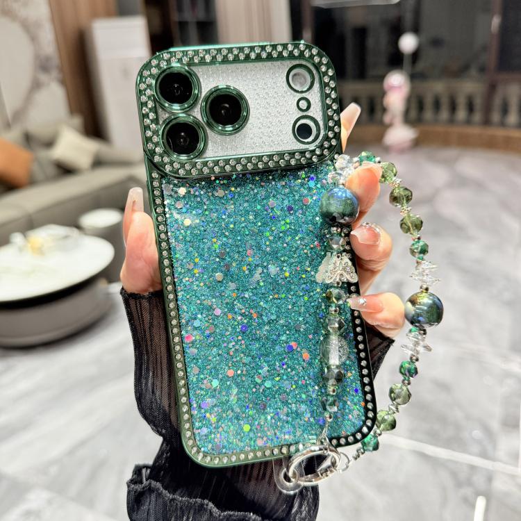 For iPhone 17 Pro Max Diamond Glitter Sequins TPU Phone Case with Bracelet Chain(Green)