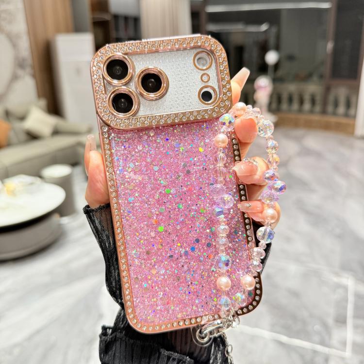 For iPhone 17 Pro Max Diamond Glitter Sequins TPU Phone Case with Bracelet Chain(Pink)