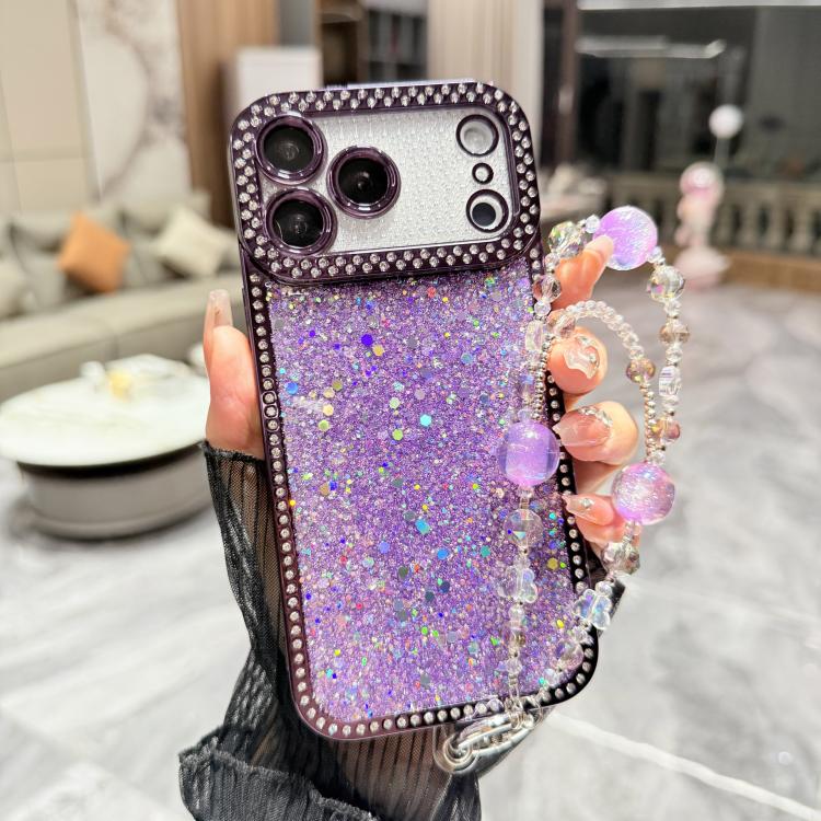 For iPhone 17 Pro Max Diamond Glitter Sequins TPU Phone Case with Bracelet Chain(Purple)