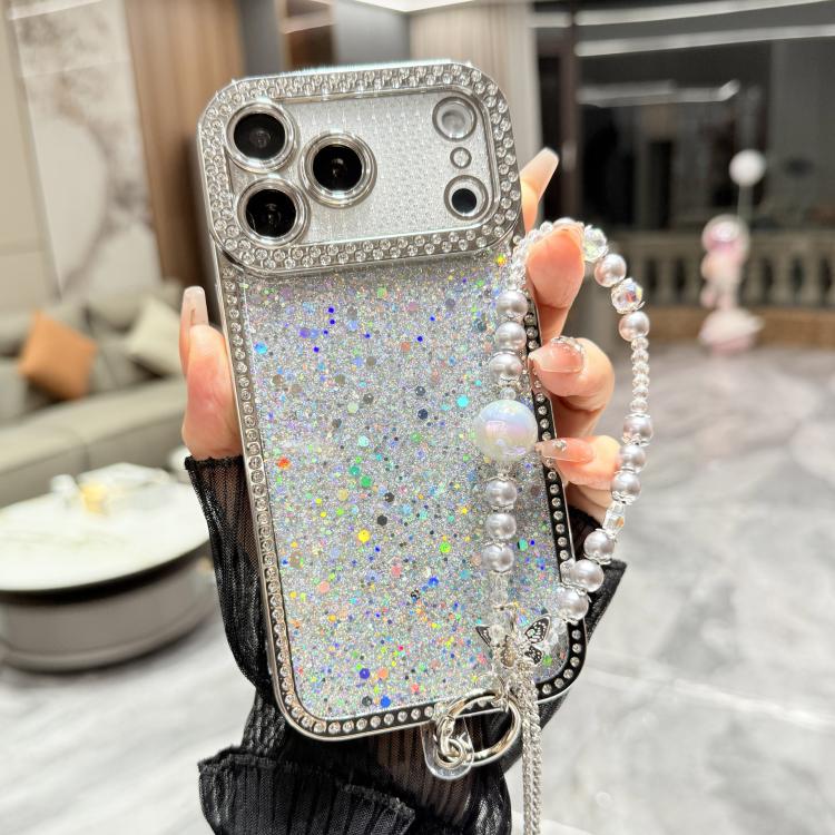 For iPhone 17 Pro Max Diamond Glitter Sequins TPU Phone Case with Bracelet Chain(Silver)