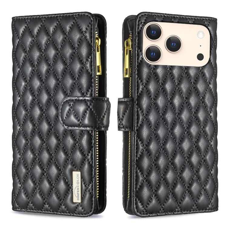 For iPhone 17 Pro Max Diamond Lattice Zipper Wallet Leather Flip Phone Case(Black)