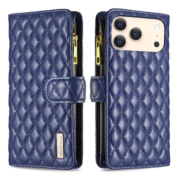 For iPhone 17 Pro Max Diamond Lattice Zipper Wallet Leather Flip Phone Case(Blue)