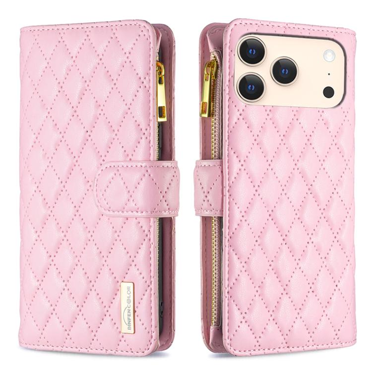 For iPhone 17 Pro Max Diamond Lattice Zipper Wallet Leather Flip Phone Case(Pink)