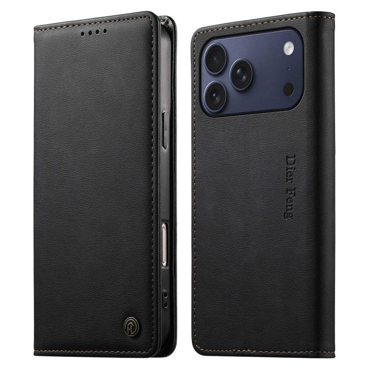 For iPhone 17 Pro Max Dierfeng Metal Snap Magnetic RFID Vegan Leather Phone Case(Black)