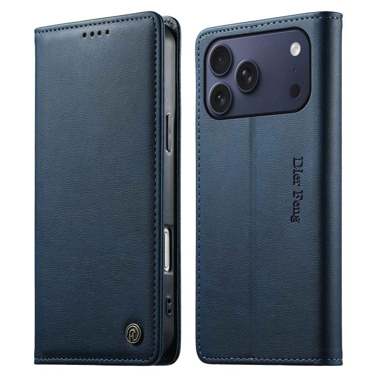 For iPhone 17 Pro Max Dierfeng Metal Snap Magnetic RFID Vegan Leather Phone Case(Blue)