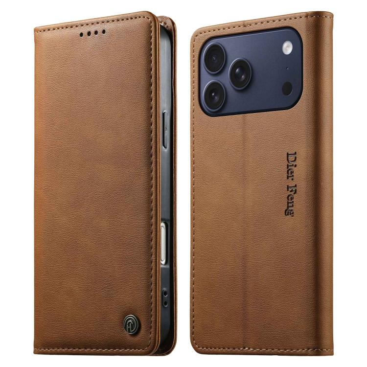 For iPhone 17 Pro Max Dierfeng Metal Snap Magnetic RFID Vegan Leather Phone Case(Light Brown)