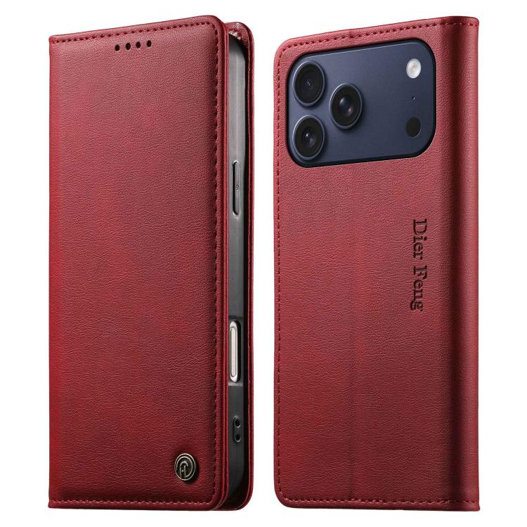 For iPhone 17 Pro Max Dierfeng Metal Snap Magnetic RFID Vegan Leather Phone Case(Red)