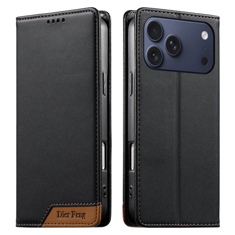 For iPhone 17 Pro Max Dierfeng Splicing Strong Magnetic RFID Vegan Leather Phone Case(Black)