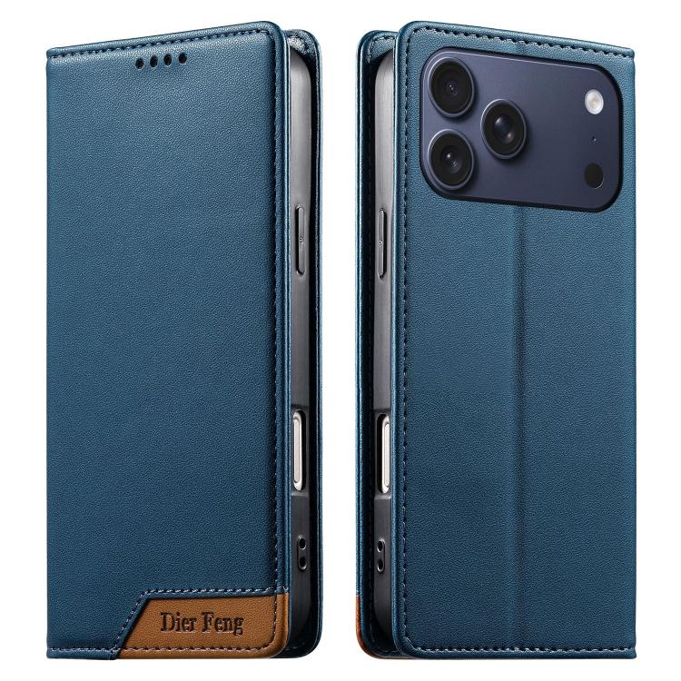 For iPhone 17 Pro Max Dierfeng Splicing Strong Magnetic RFID Vegan Leather Phone Case(Blue)