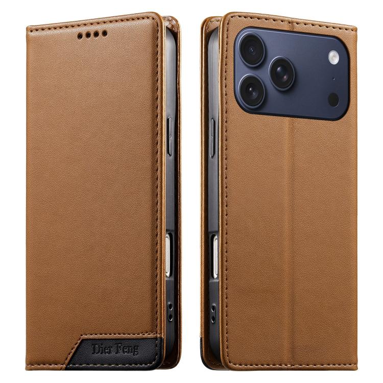 For iPhone 17 Pro Max Dierfeng Splicing Strong Magnetic RFID Vegan Leather Phone Case(Brown)