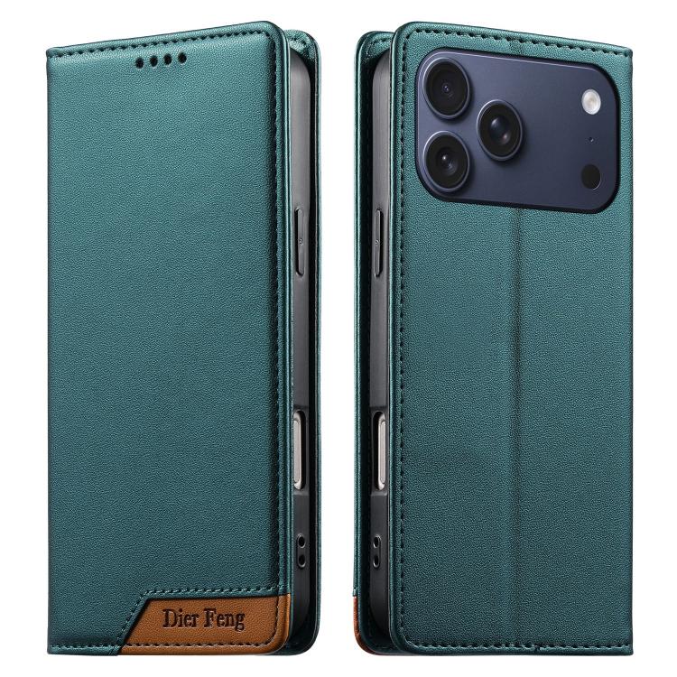 For iPhone 17 Pro Max Dierfeng Splicing Strong Magnetic RFID Vegan Leather Phone Case(Green)
