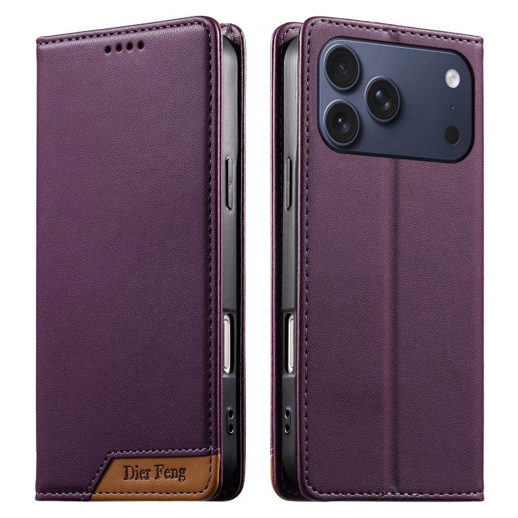 For iPhone 17 Pro Max Dierfeng Splicing Strong Magnetic RFID Vegan Leather Phone Case(Purple)