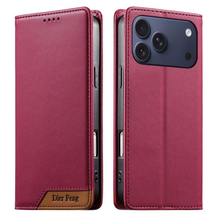 For iPhone 17 Pro Max Dierfeng Splicing Strong Magnetic RFID Vegan Leather Phone Case(Red)
