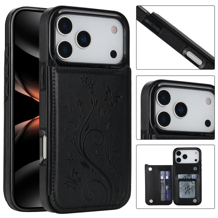 For iPhone 17 Pro Max Double Buckle Butterfly Embossing PU Phone Case(Black)