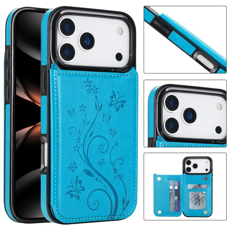 For iPhone 17 Pro Max Double Buckle Butterfly Embossing PU Phone Case(Blue)
