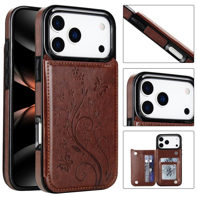 For iPhone 17 Pro Max Double Buckle Butterfly Embossing PU Phone Case(Brown)