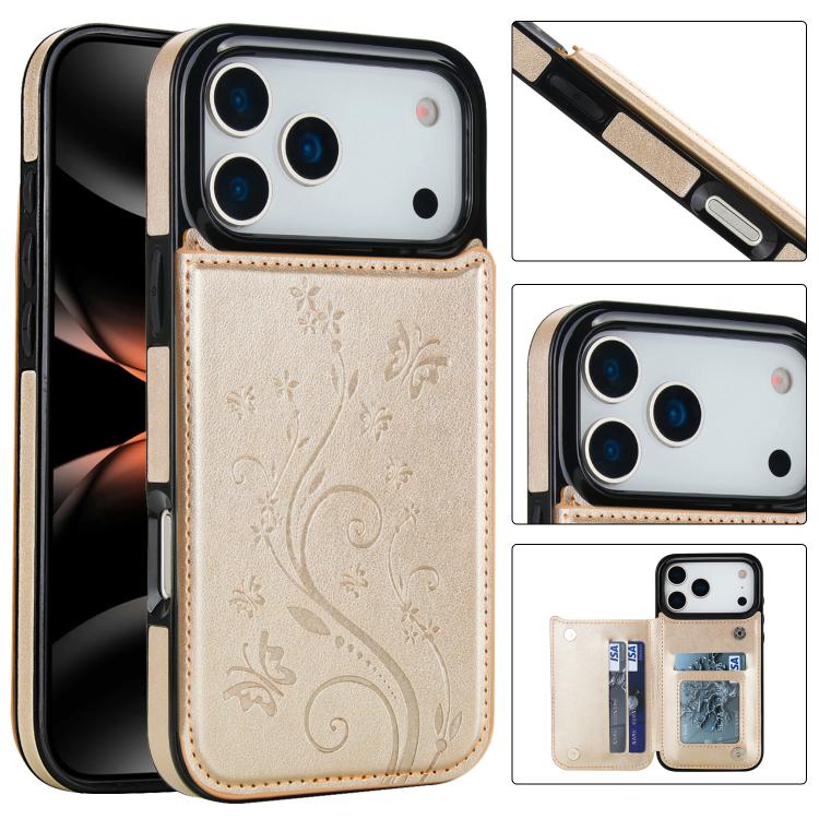 For iPhone 17 Pro Max Double Buckle Butterfly Embossing PU Phone Case(Gold)