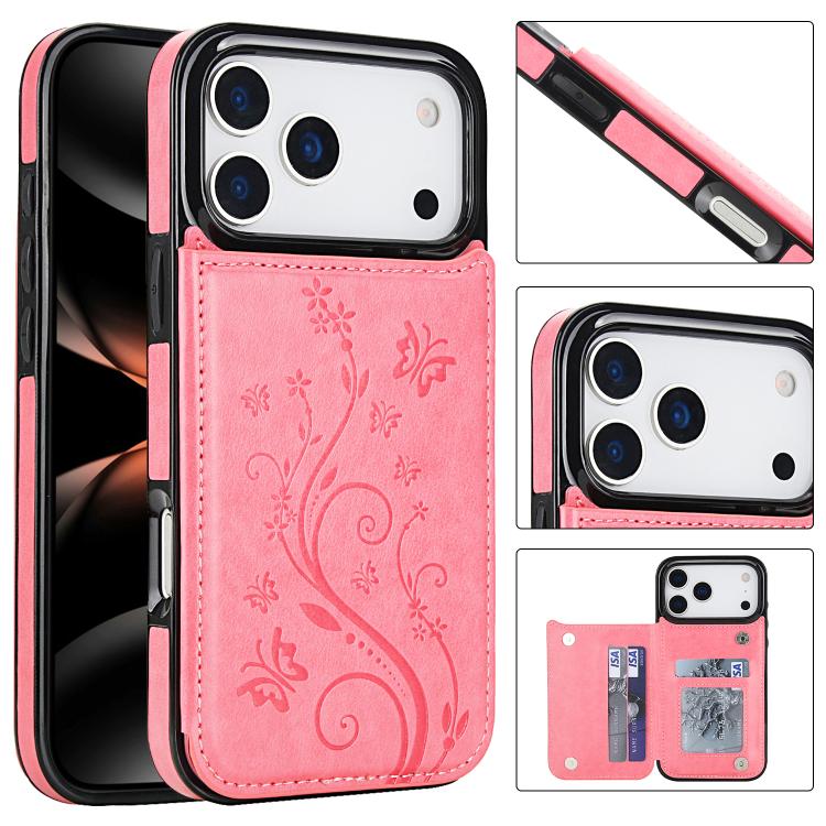 For iPhone 17 Pro Max Double Buckle Butterfly Embossing PU Phone Case(Pink)