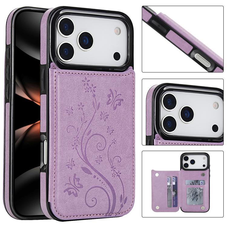 For iPhone 17 Pro Max Double Buckle Butterfly Embossing PU Phone Case(Purple)