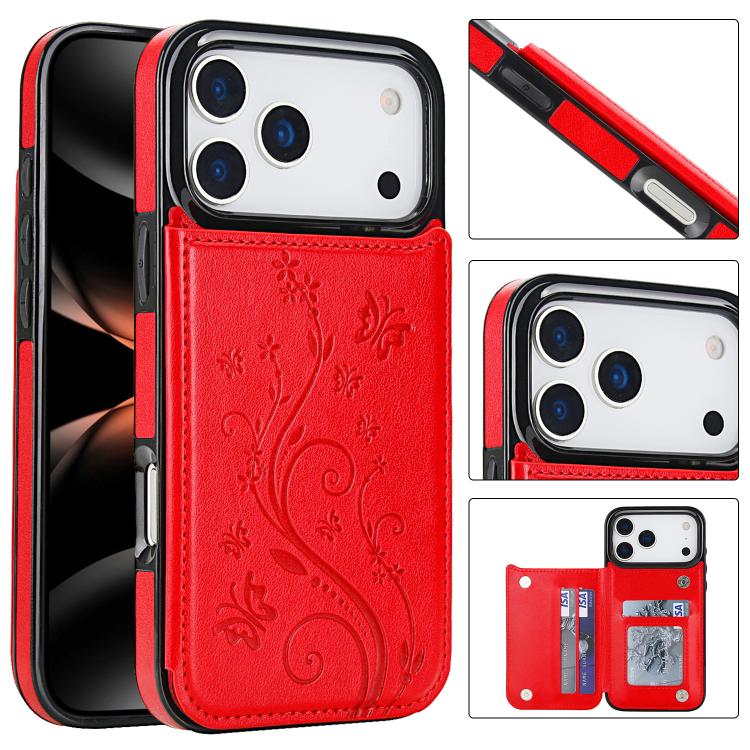 For iPhone 17 Pro Max Double Buckle Butterfly Embossing PU Phone Case(Red)