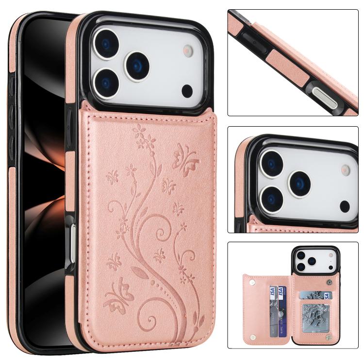 For iPhone 17 Pro Max Double Buckle Butterfly Embossing PU Phone Case(Rose Gold)