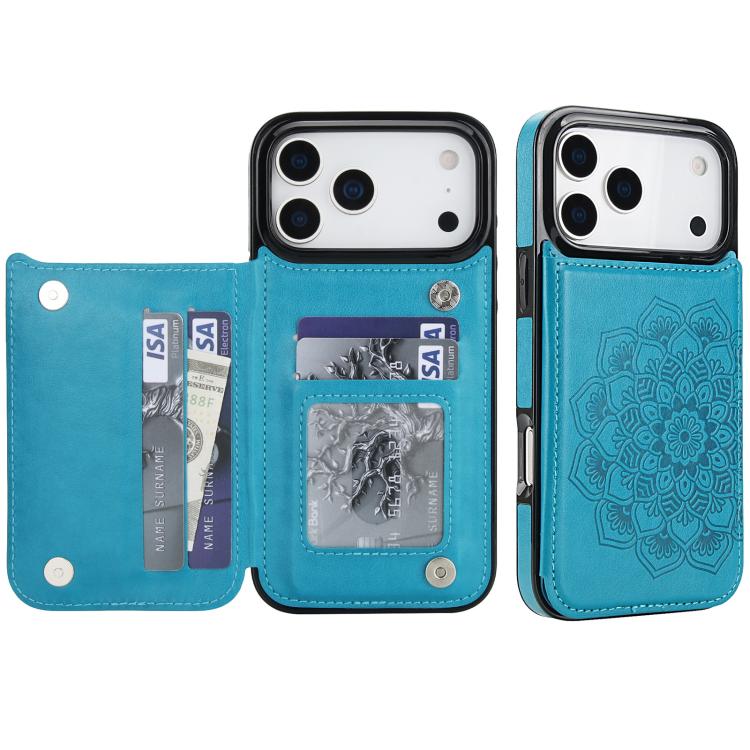 For iPhone 17 Pro Max Double Buckle Mandala Leather Wallet Back Cover Phone Case(Blue)