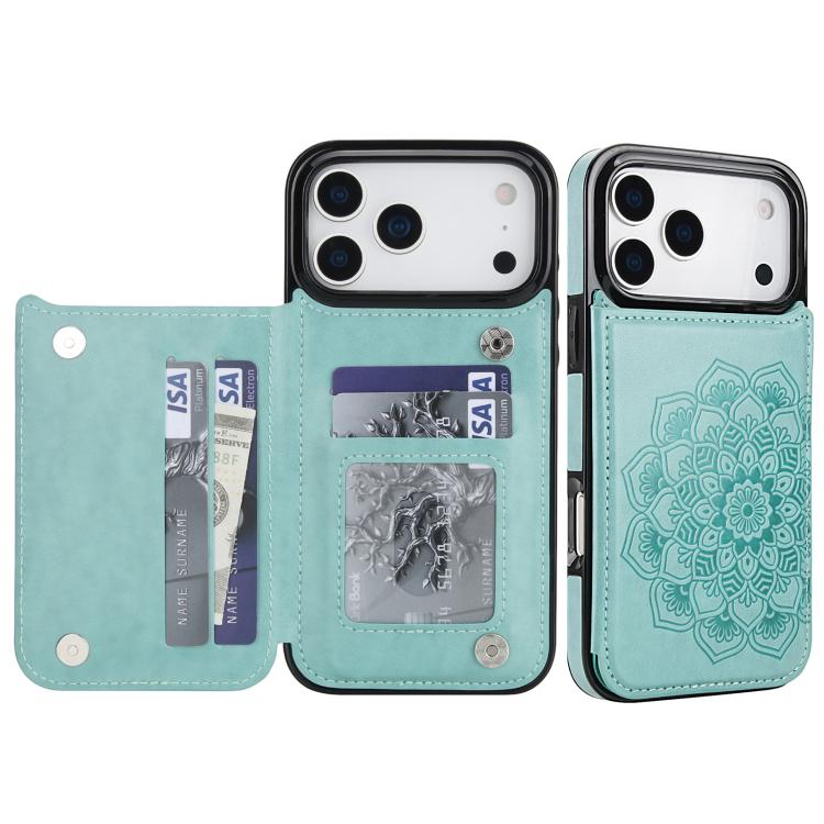 For iPhone 17 Pro Max Double Buckle Mandala Leather Wallet Back Cover Phone Case(Green)