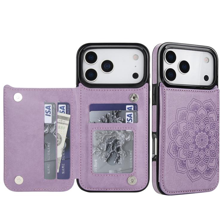 For iPhone 17 Pro Max Double Buckle Mandala Leather Wallet Back Cover Phone Case(Purple)