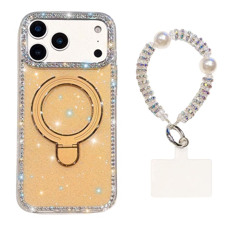 For iPhone 17 Pro Max Double-Sided IMD Rhinestone Magnetic Holder Shockproof Phone Case With Bracelet(Glitter Light Yellow)