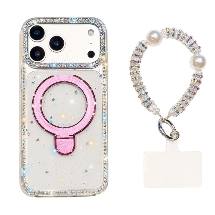 For iPhone 17 Pro Max Double-Sided IMD Rhinestone Magnetic Holder Shockproof Phone Case With Bracelet(Glitter Little Star)