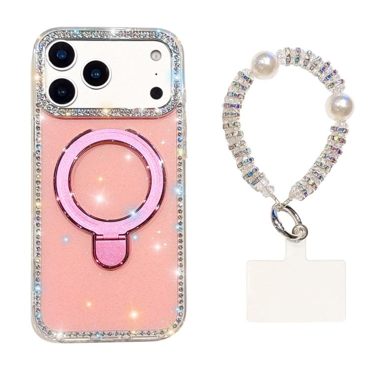 For iPhone 17 Pro Max Double-Sided IMD Rhinestone Magnetic Holder Shockproof Phone Case With Bracelet(Glitter Pink)