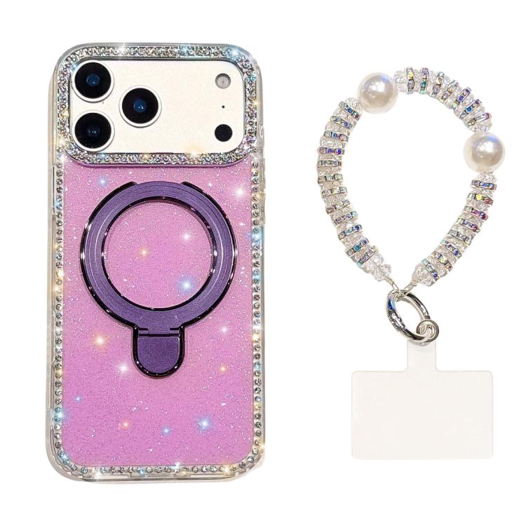 For iPhone 17 Pro Max Double-Sided IMD Rhinestone Magnetic Holder Shockproof Phone Case With Bracelet(Glitter Purple)