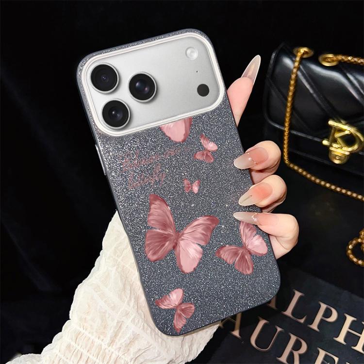 For iPhone 17 Pro Max Dreamy Butterflies Pattern IMD Glitter PC Hybrid TPU Phone Case(Black)