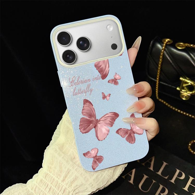 For iPhone 17 Pro Max Dreamy Butterflies Pattern IMD Glitter PC Hybrid TPU Phone Case(Blue)