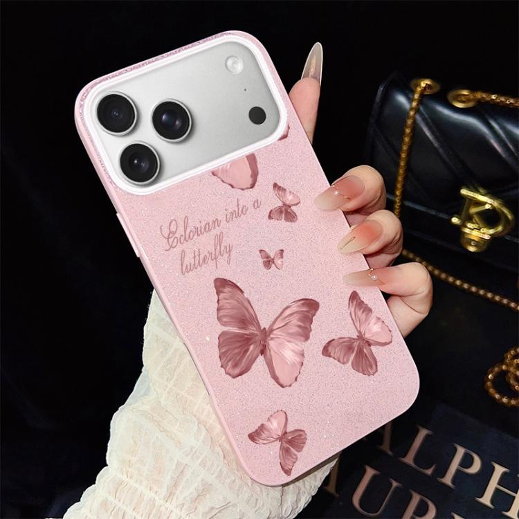 For iPhone 17 Pro Max Dreamy Butterflies Pattern IMD Glitter PC Hybrid TPU Phone Case(Pink)