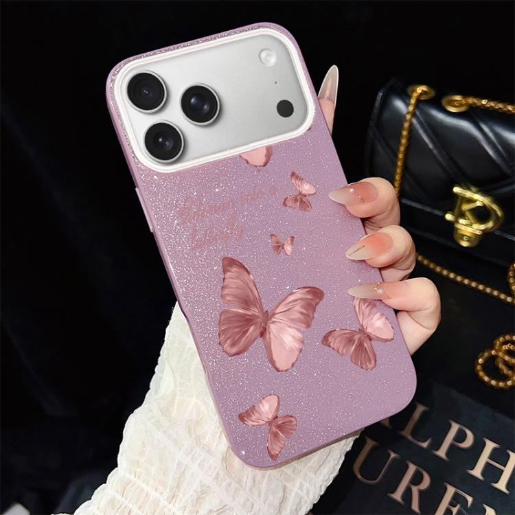 For iPhone 17 Pro Max Dreamy Butterflies Pattern IMD Glitter PC Hybrid TPU Phone Case(Purple)
