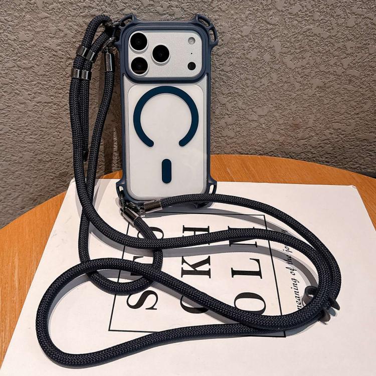 For iPhone 17 Pro Max Drone-Style Four-Corner Shockproof Magnetic Acrylic Phone Case with Long and Short Lanyard(Blue)