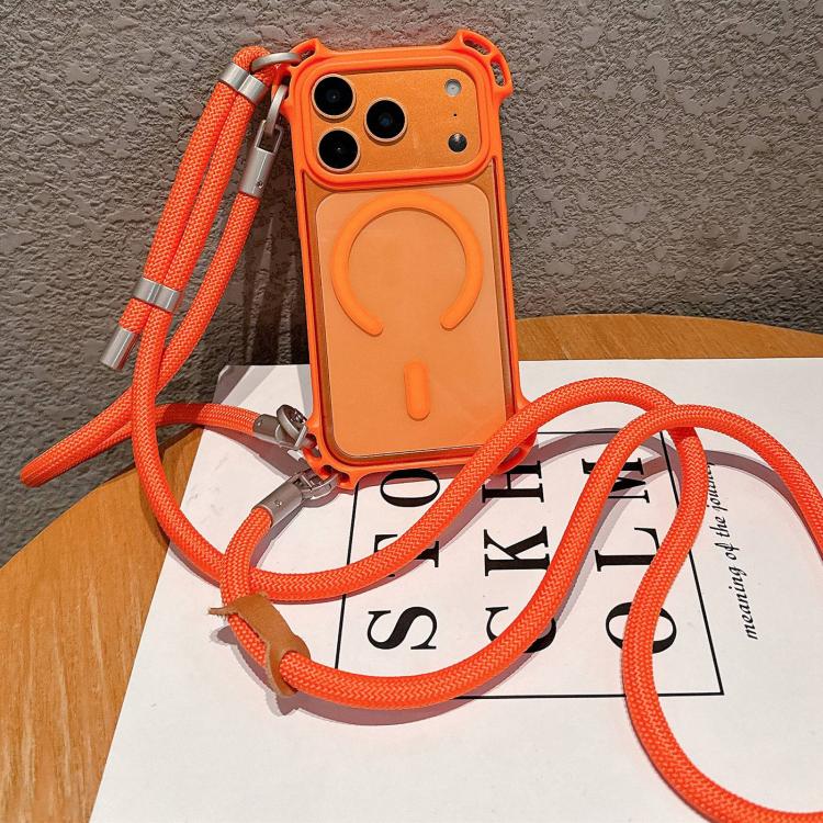 For iPhone 17 Pro Max Drone-Style Four-Corner Shockproof Magnetic Acrylic Phone Case with Long and Short Lanyard(Orange)