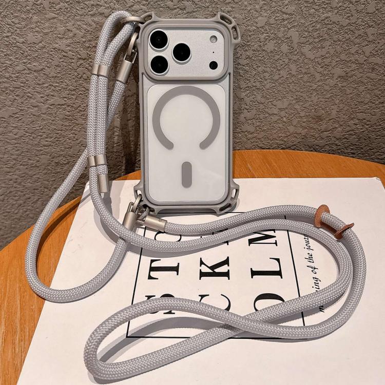 For iPhone 17 Pro Max Drone-Style Four-Corner Shockproof Magnetic Acrylic Phone Case with Long and Short Lanyard(Titanium Gray)