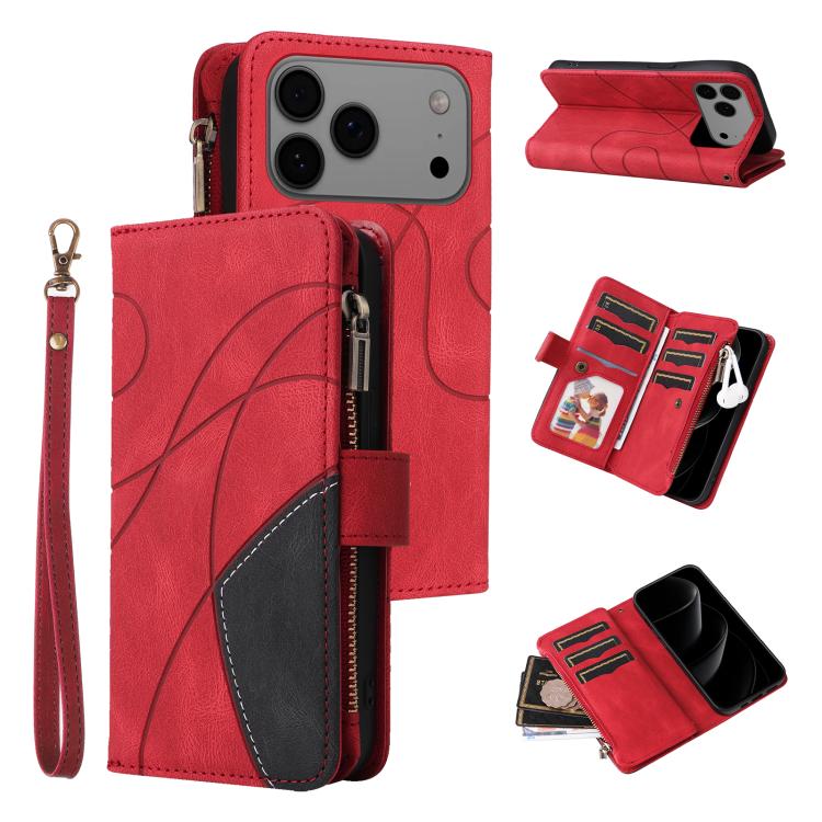 For iPhone 17 Pro Max Dual-color 9 Card Slots Zipper Wallet Leather Phone Case(Red)