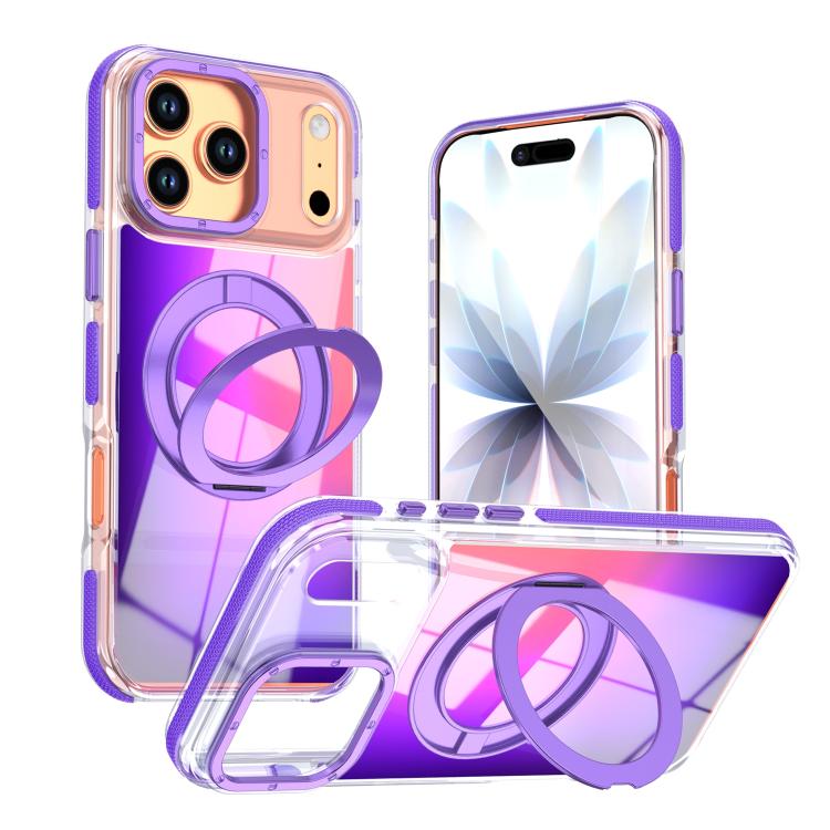 For iPhone 17 Pro Max Dual Color Gradient Discolor 360 Degree Rotation Holder Magnetic Phone Case(Purple)