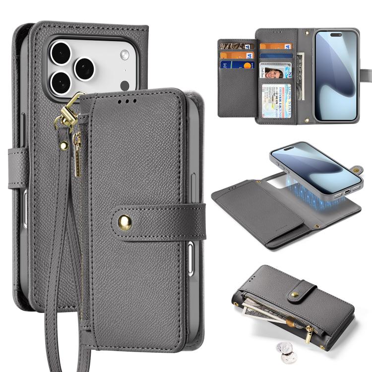 For iPhone 17 Pro Max DUX DUCIS Lawa Series 2 in 1 Wallet Zipper Detachable MagSafe Phone Case with Lanyard(Grey)