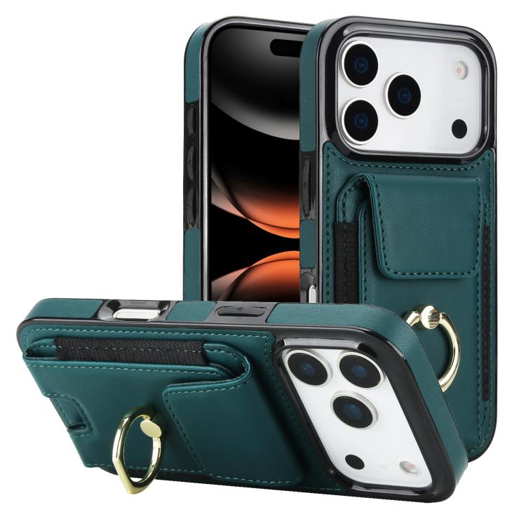 For iPhone 17 Pro Max Elastic Card Bag Ring Holder Phone Case(Dark Green)