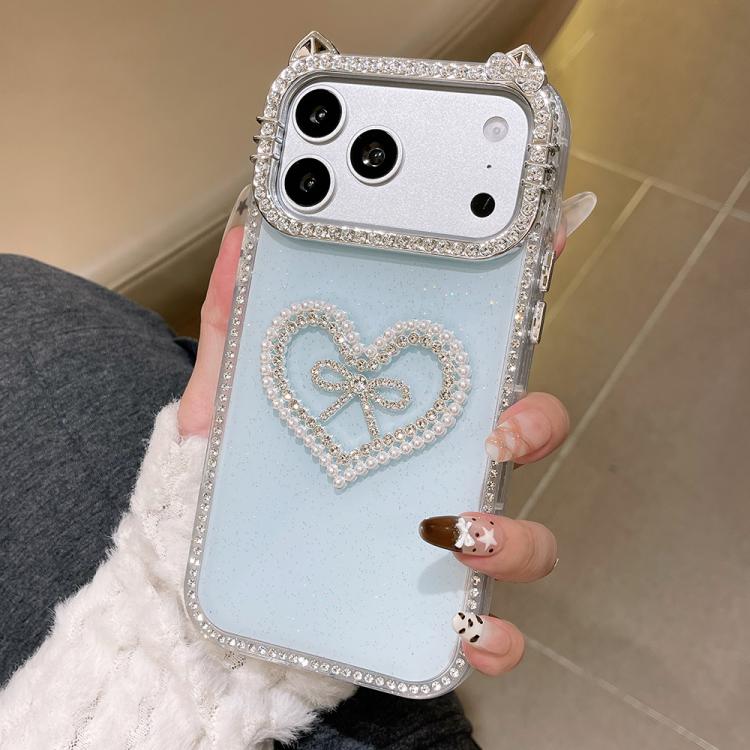 For iPhone 17 Pro Max Electroplated Cat Ear Dual Side Rhinestones Glitter IMD Phone Case(Blue)