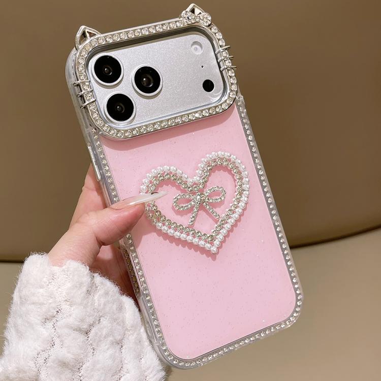 For iPhone 17 Pro Max Electroplated Cat Ear Dual Side Rhinestones Glitter IMD Phone Case(Pink)