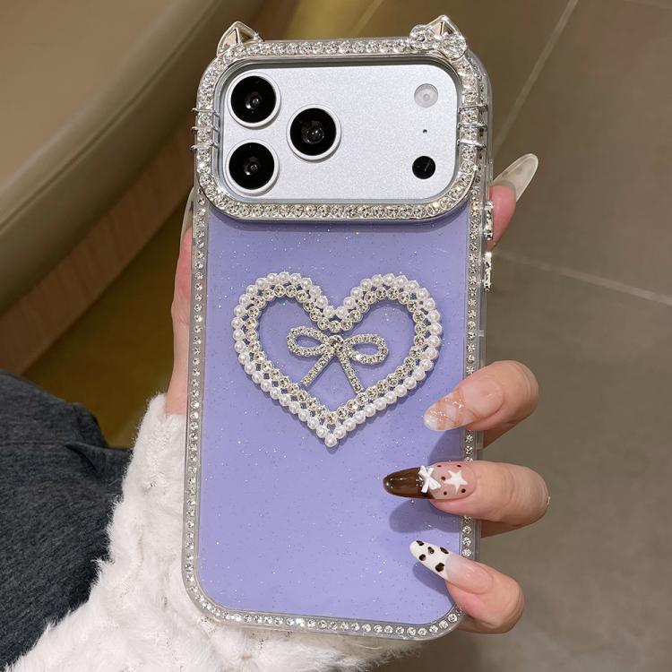 For iPhone 17 Pro Max Electroplated Cat Ear Dual Side Rhinestones Glitter IMD Phone Case(Purple)