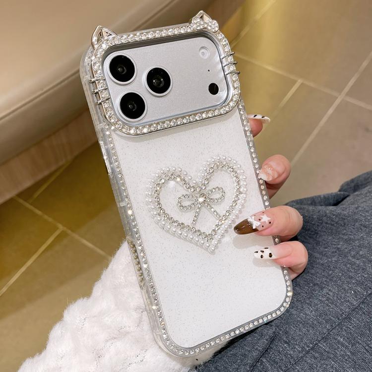 For iPhone 17 Pro Max Electroplated Cat Ear Dual Side Rhinestones Glitter IMD Phone Case(White)