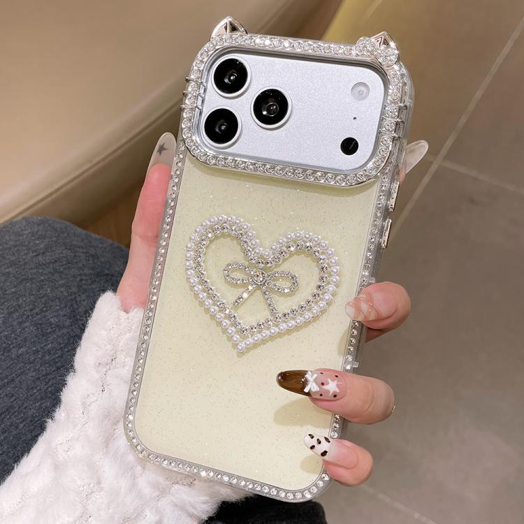 For iPhone 17 Pro Max Electroplated Cat Ear Dual Side Rhinestones Glitter IMD Phone Case(Yellow)