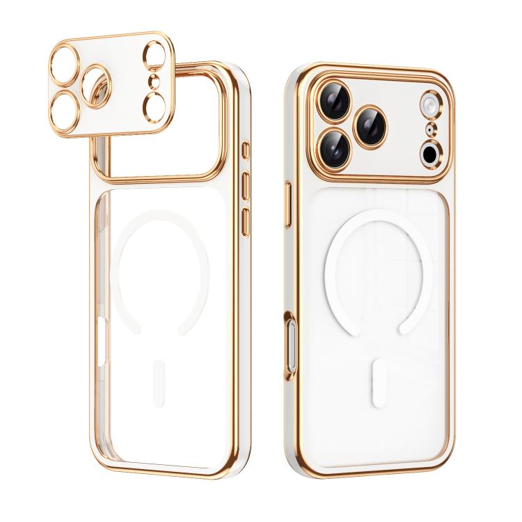 For iPhone 17 Pro Max Electroplated Dual Color TPU Detachable Lens Magnetic Shockproof Phone Case(White)